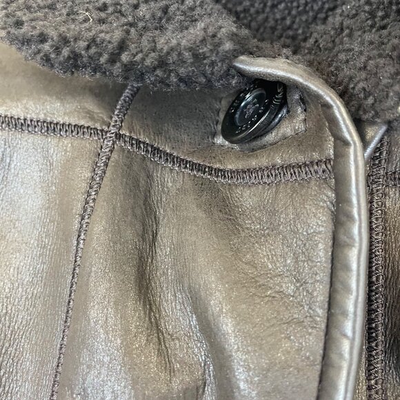 Christ Womens Dark Brown Leather Coat Button Front Shearling Collar Longline Sz - Picture 4 of 7